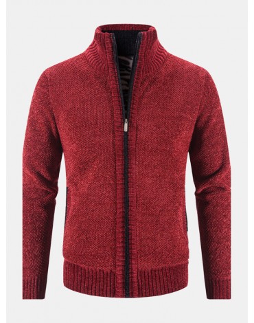 Men Knitted Plus Velvets Elastic Hem Pockets Zipper Pure Solid Sweater Cardigans