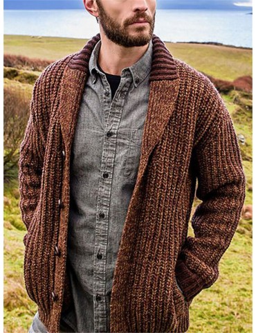 Mens Single Breasted Patchwork Knitted Long Sleeve Cardigan Sweater