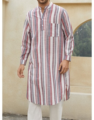 Men Striped Chest Pocket High Low Hem Casual Night Robe