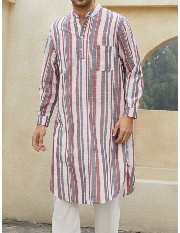 Men Striped Chest Pocket High Low Hem Casual Night Robe