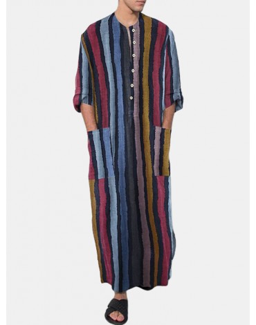 Mens Colorful Striped Double Pocket Side Split Home Casual Long Sleeve Sleepwear Robes