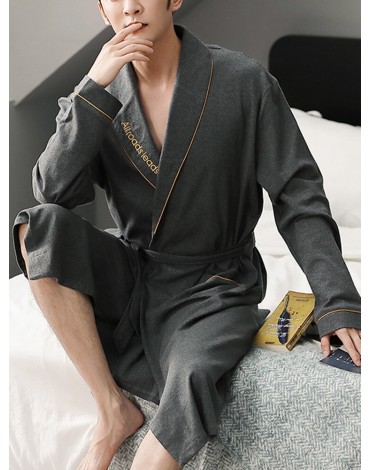 Mens Solid Color Letter Embroidery Double Pocket Lapel Sleepwear Robes With Sashes