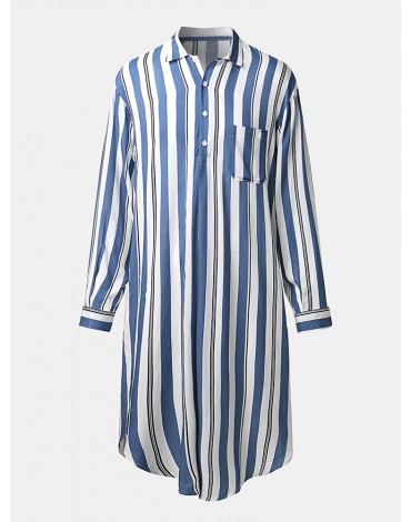 Mens Stripe Print Sleepwear Long Sleeve Chest Pocket Bathrobe Home Robe