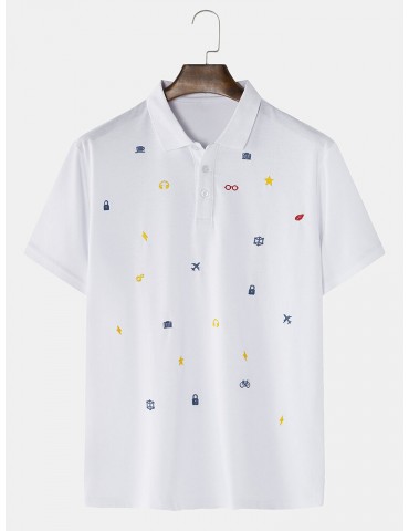 100% Cotton Mens Simple Cartoon Embroidery Short Sleeve White Casual Golf Shirts